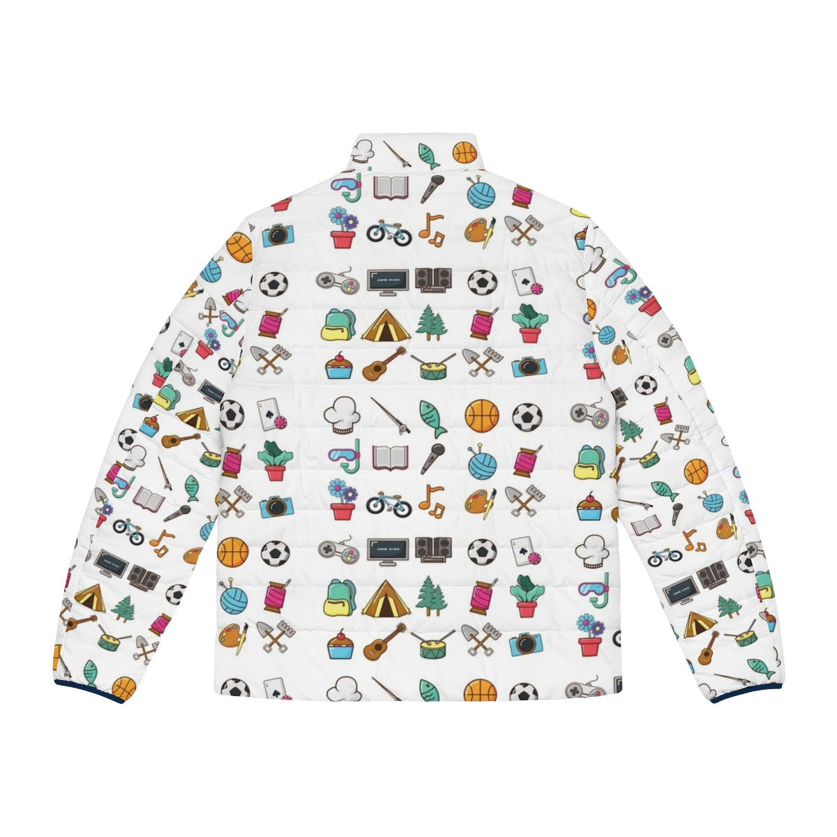 Hobbies Sticker Pack Puffer Jacket featuring icons for various hobbies like music, travel, food, reading, yoga, and more - Back