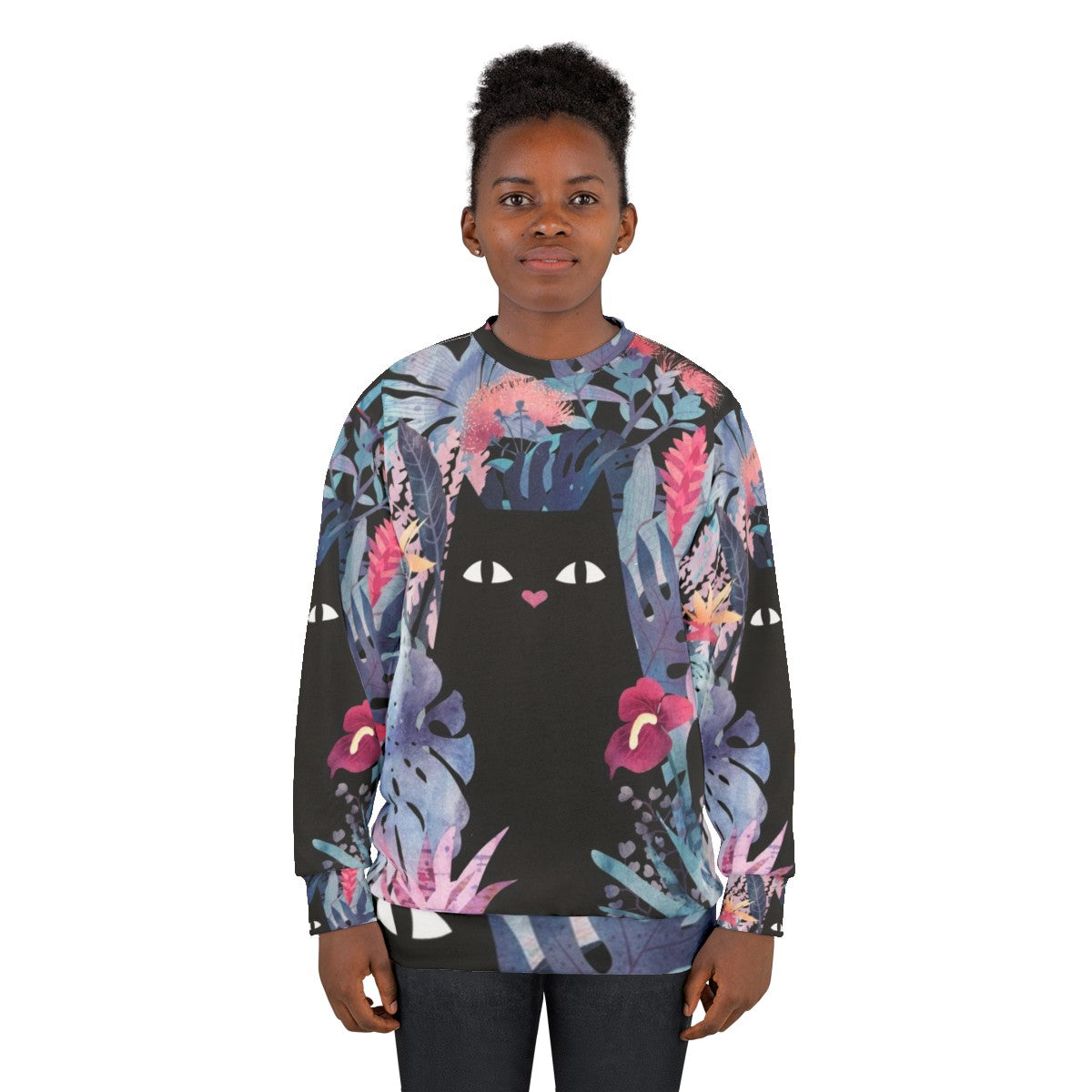 Pastel black velvet floral cat sweatshirt - women