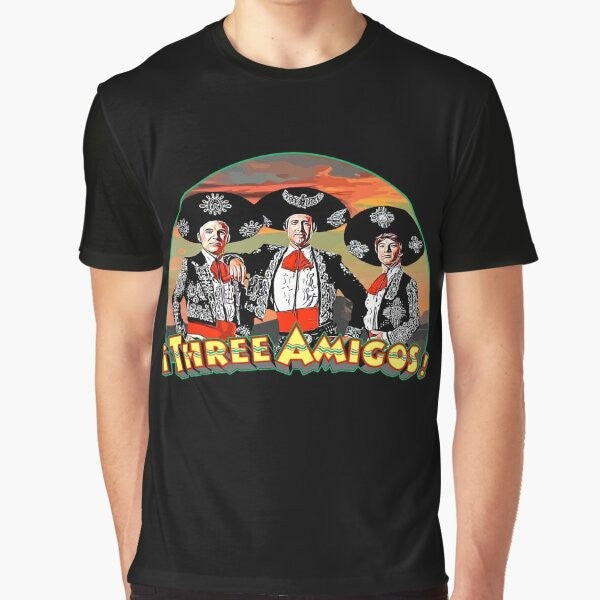 Three Amigos graphic t-shirt featuring the iconic trio of Martin Short, Steve Martin, and Chevy Chase