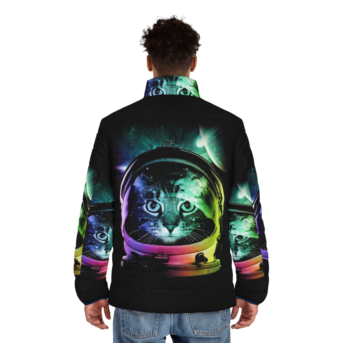 Astronaut cat in a vibrant puffer jacket, floating in the galaxy - men back