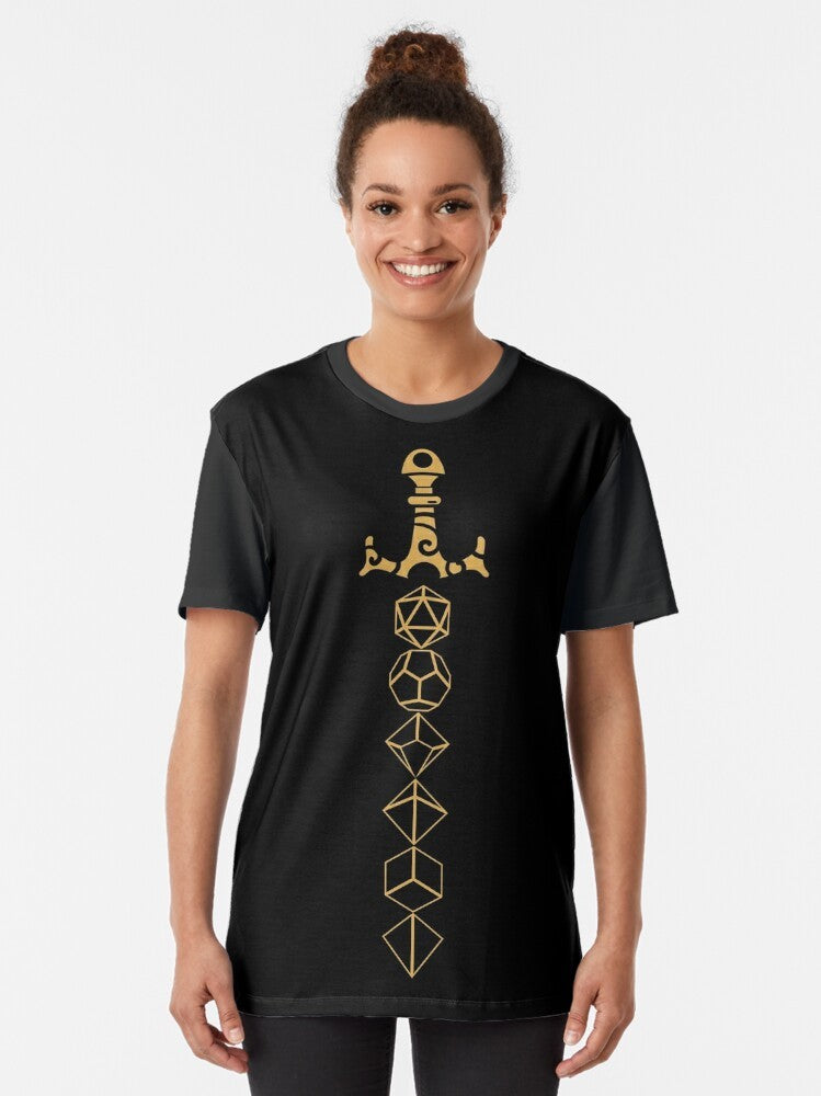 Dungeons and Dragons dice set sword graphic t-shirt for tabletop RPG gaming fans. - Women