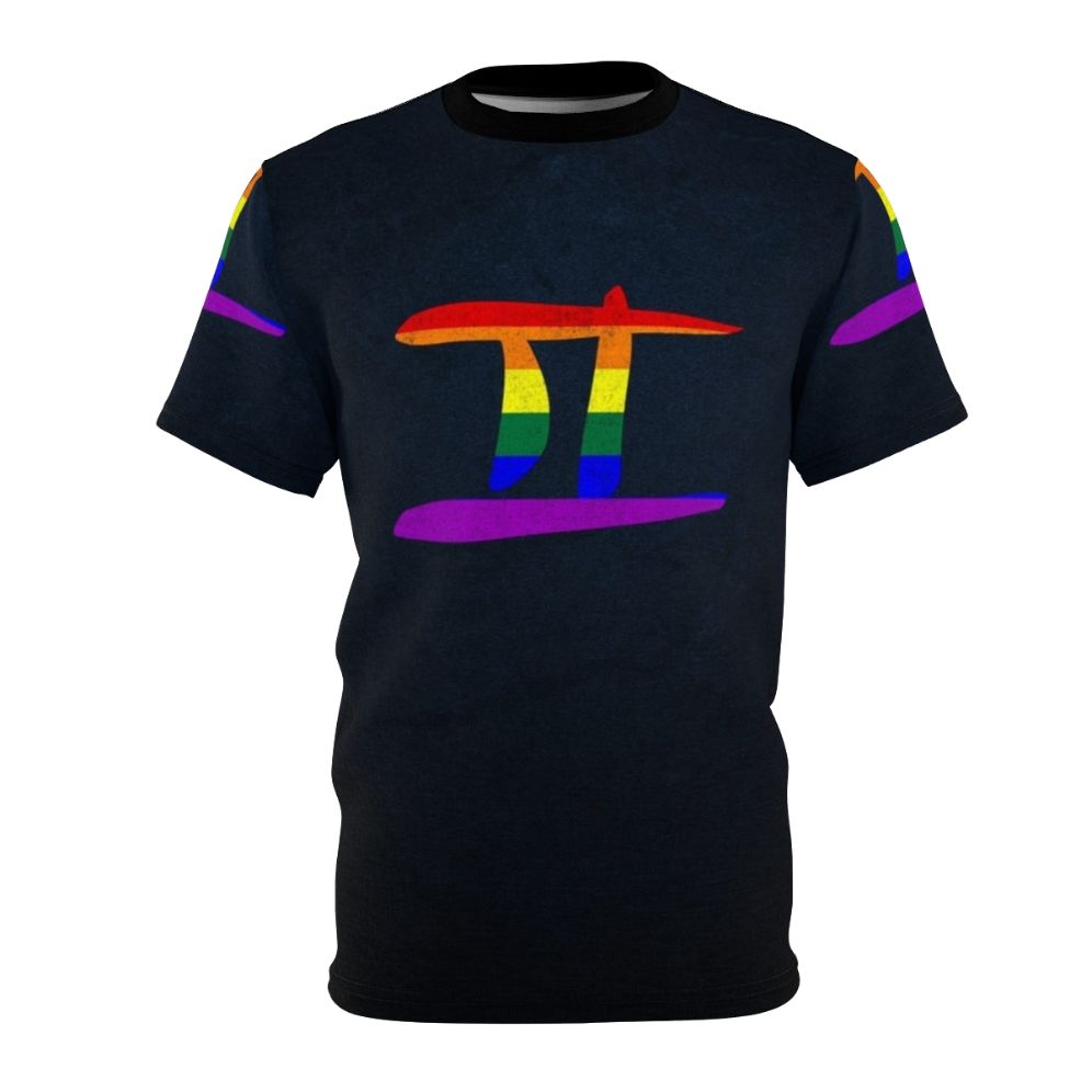 Colorful LGBTQ pride flag with Gemini zodiac symbol on a t-shirt