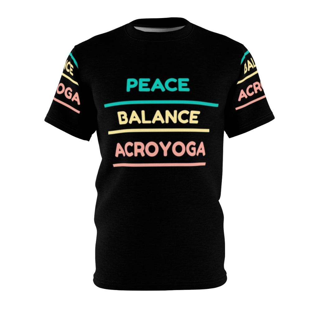 Colorful abstract design with "Peace Balance Acroyoga" text on a high-quality t-shirt