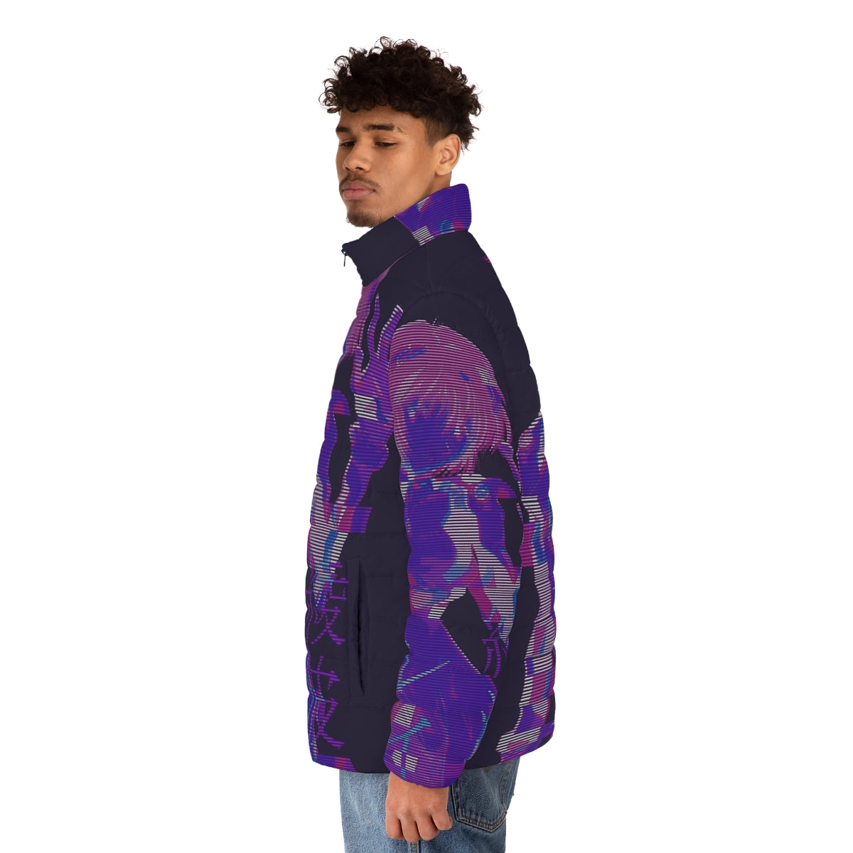 E V W V R E I 2 Puffer Jacket with anime and vaporwave inspired graphic design - men side left