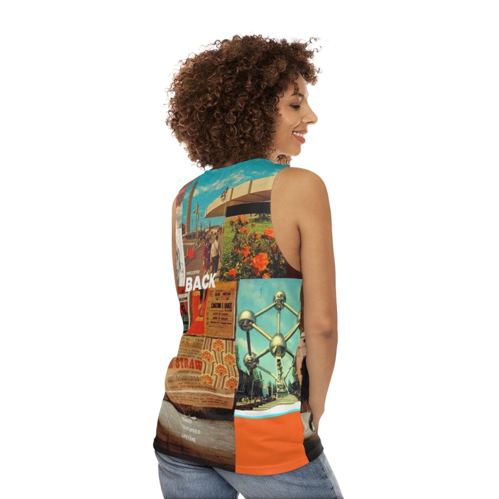 Retro-inspired unisex tank top with collage design - women back