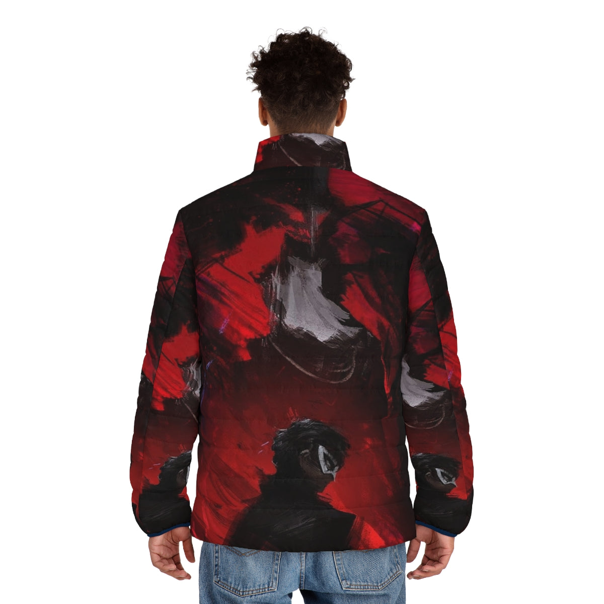 Anime-inspired puffer jacket featuring the Joker Rascal character - men back