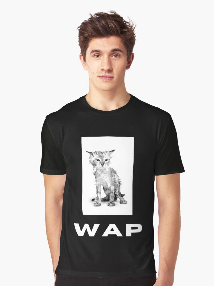 Funny graphic t-shirt featuring a wet cat with the text "WAP" - Men