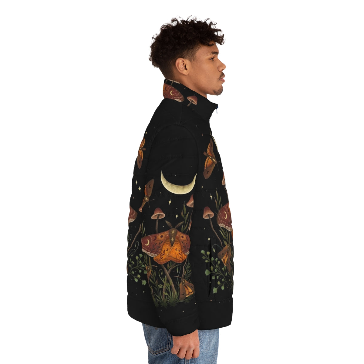 Autumn Light Underwing Puffer Jacket featuring a nature-inspired insect design - men side right