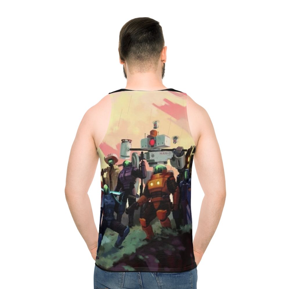 Risk of Rain 2 Unisex Tank Top featuring the game's iconic artwork - men back