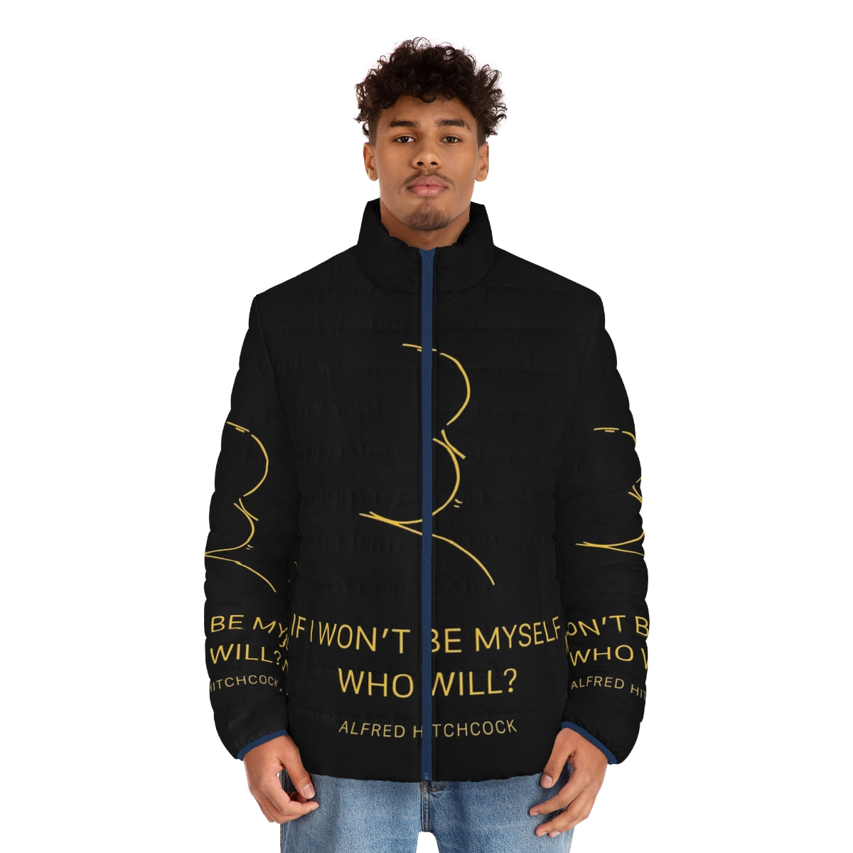 Alfred Hitchcock quote puffer jacket with black and gold design - men front