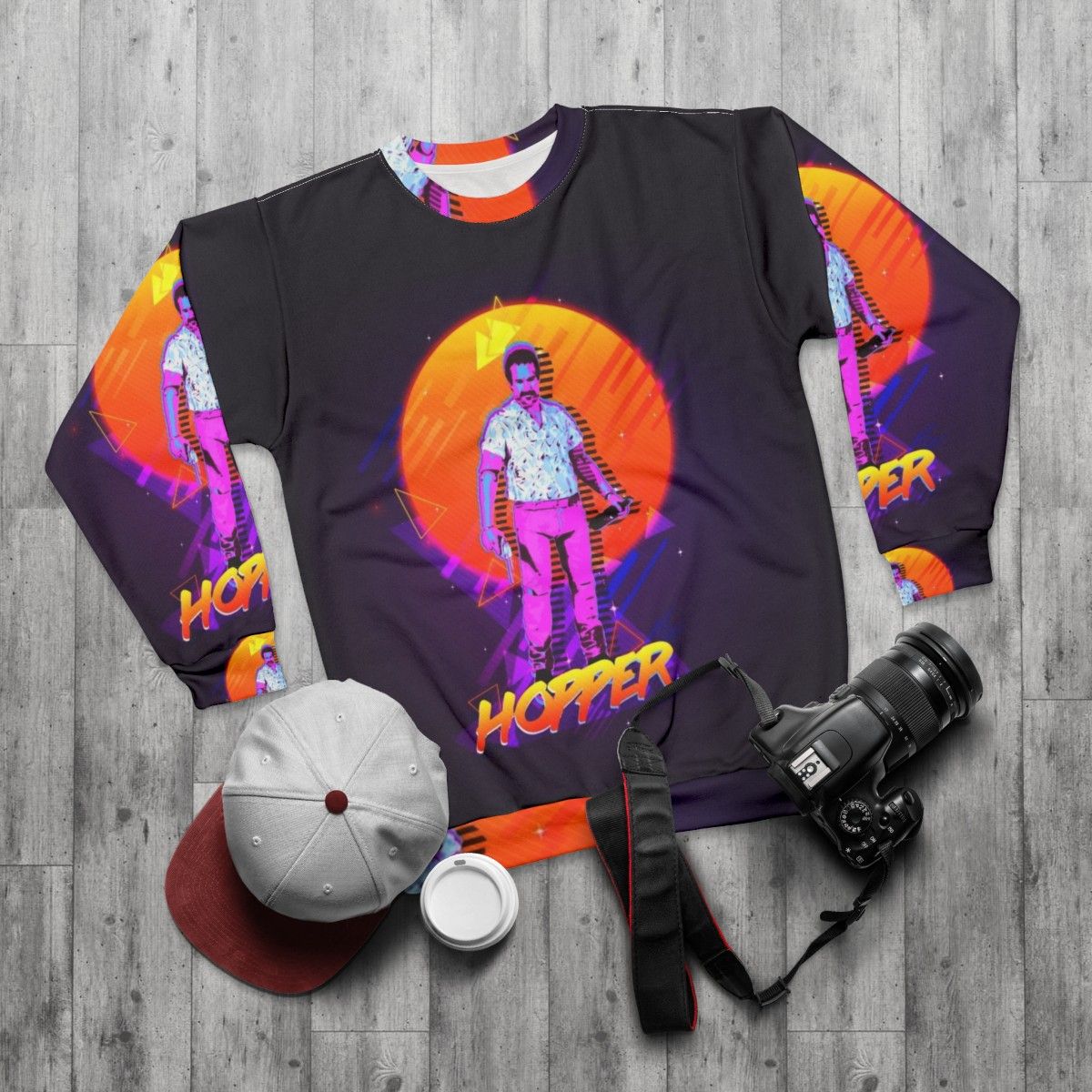 Hopper Sweatshirt - Stranger Things Inspired 80s Clothing - flat lay