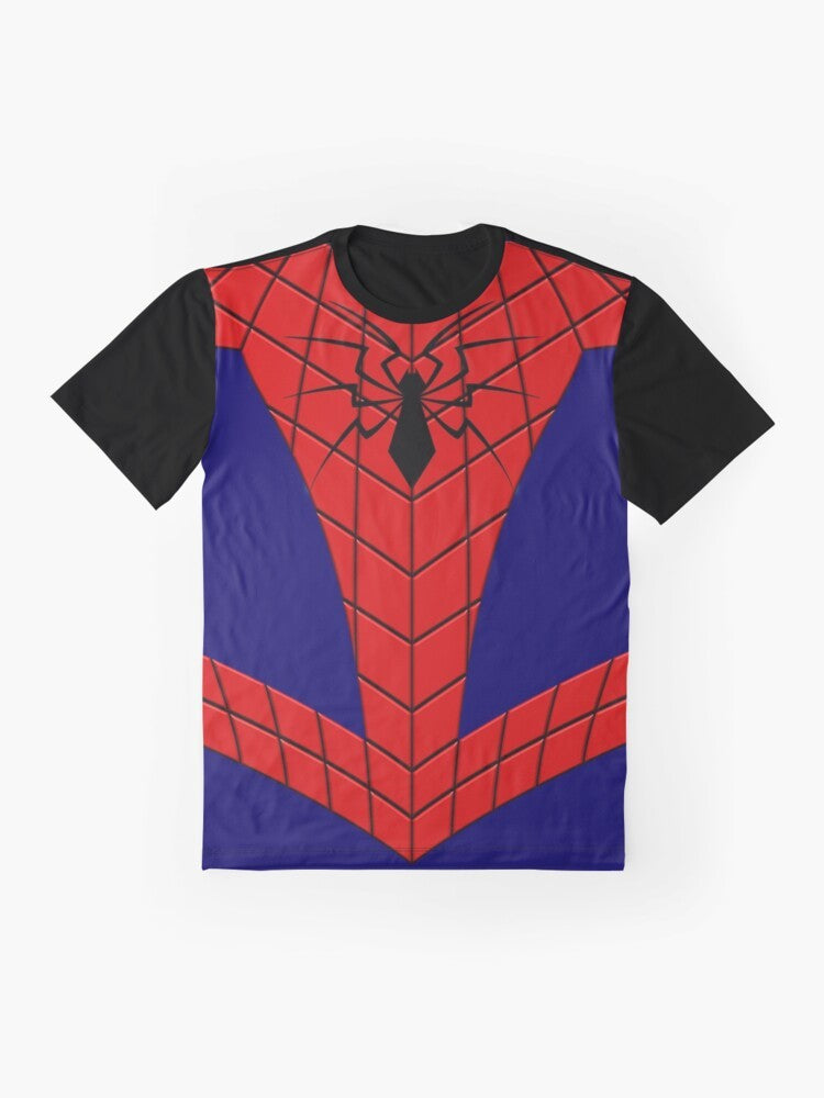 Spider-Man graphic t-shirt in blue and red colors with glowing symbol - Flat lay