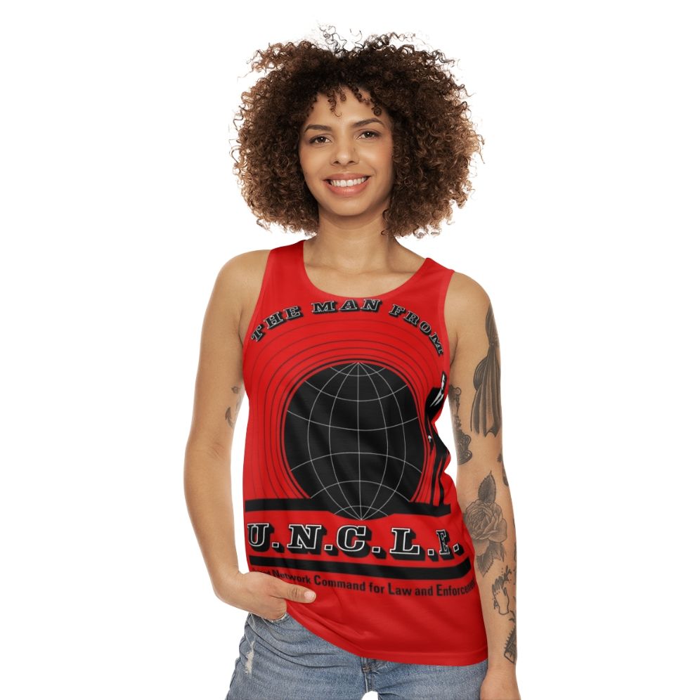 Unisex vintage-style tank top featuring "The Man from Uncle" logo - women