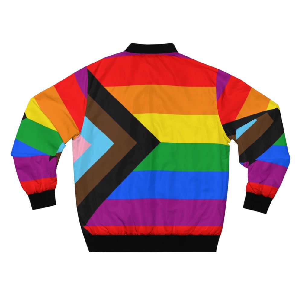 LGBTQ+ Progress Pride Flag Bomber Jacket - Celebrate Pride with this stylish and inclusive bomber jacket featuring the Progress Pride Flag design. - Back