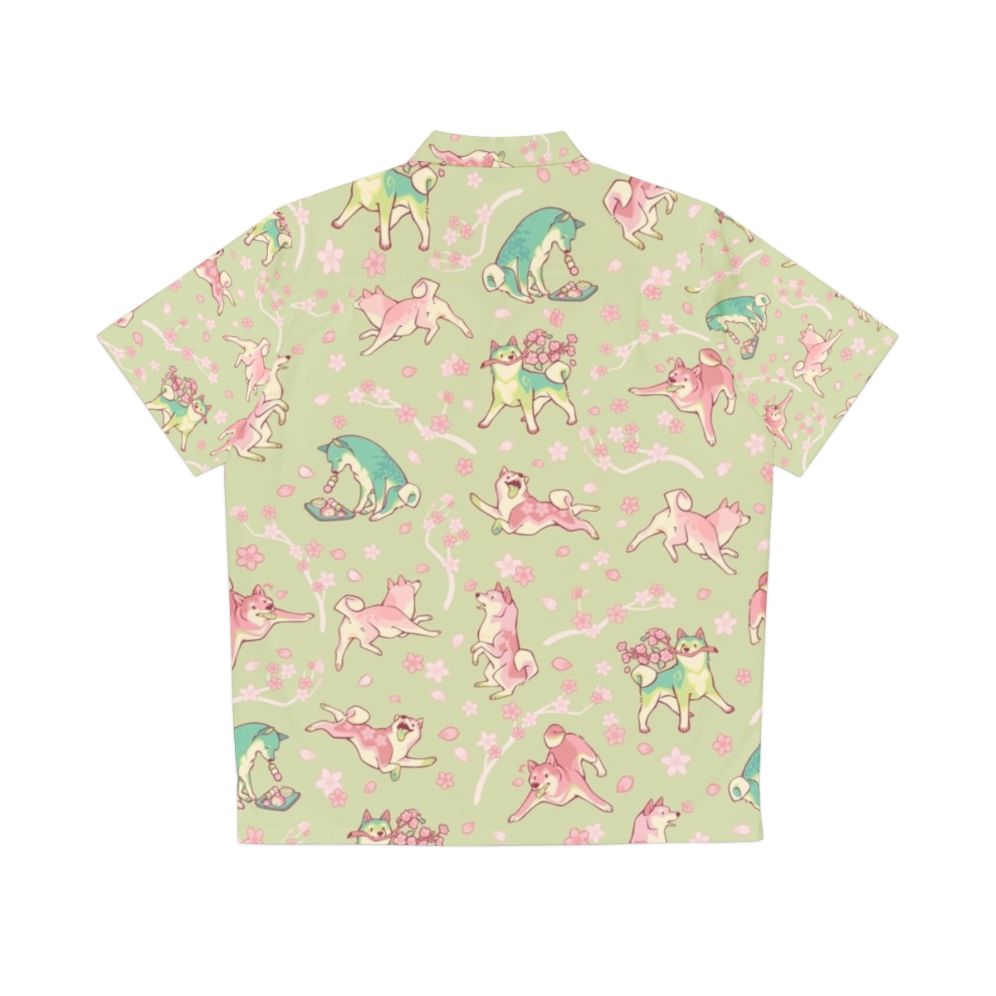 Shibakura Matchinu Matcha Green Hawaiian Shirt with Shiba Inu and Cherry Blossom Print - Back