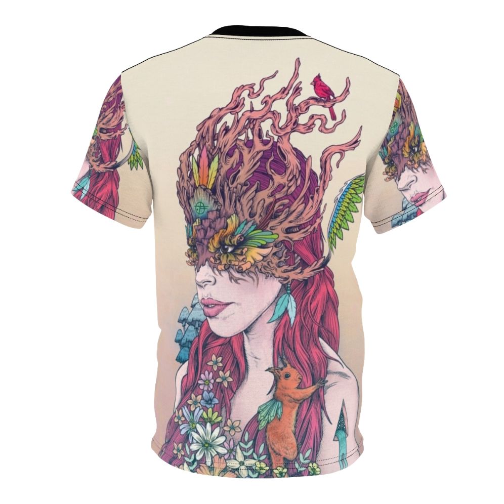 Whimsical t-shirt design featuring psychedelic art with fantasy nature elements, including a woman with red hair, animals like a cardinal and squirrel, and vibrant floral patterns. - Back