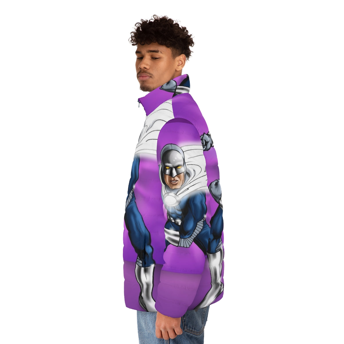 Proton Man Puffer Jacket with a superhero design to inspire cancer patients - men side left