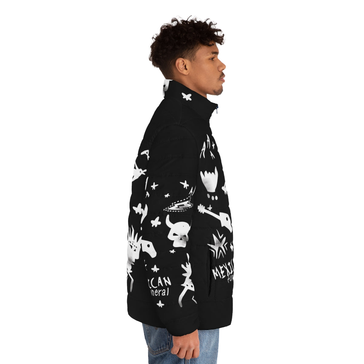 Dirk Gently's Mexican Funeral Puffer Jacket in oversized, winter-ready style - men side right