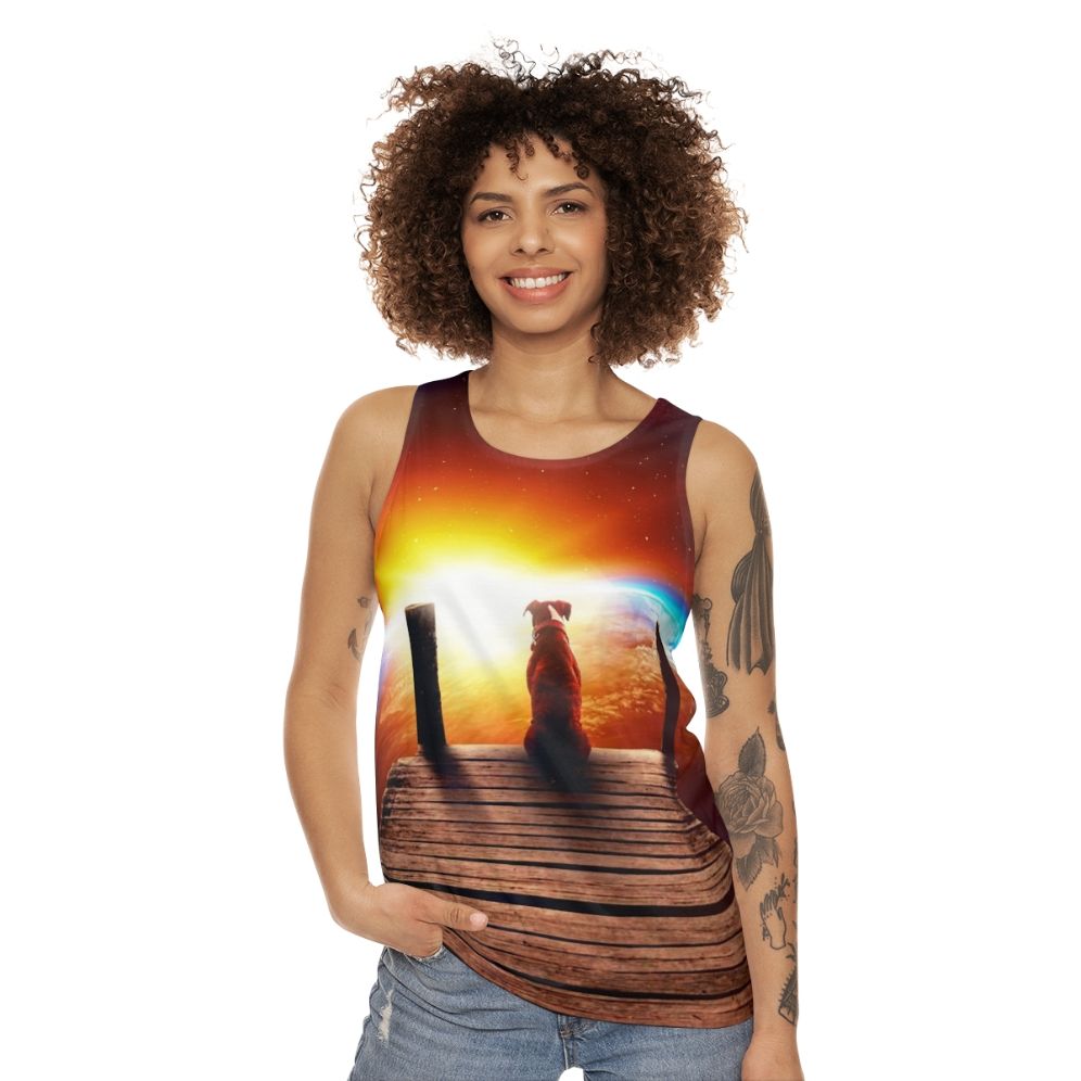 Surreal unisex tank top with digital collage of space and a dog - women