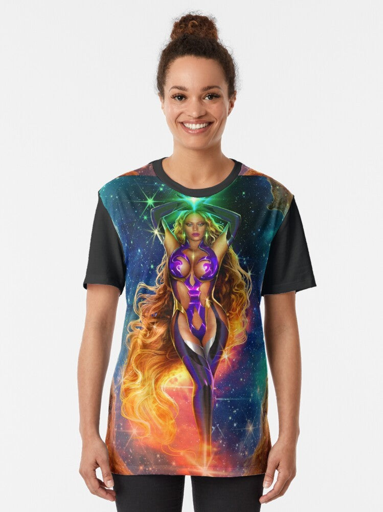 Alien Superstar graphic t-shirt featuring a vibrant cosmic design with stars, fire, and a cosmic alien figure - Women