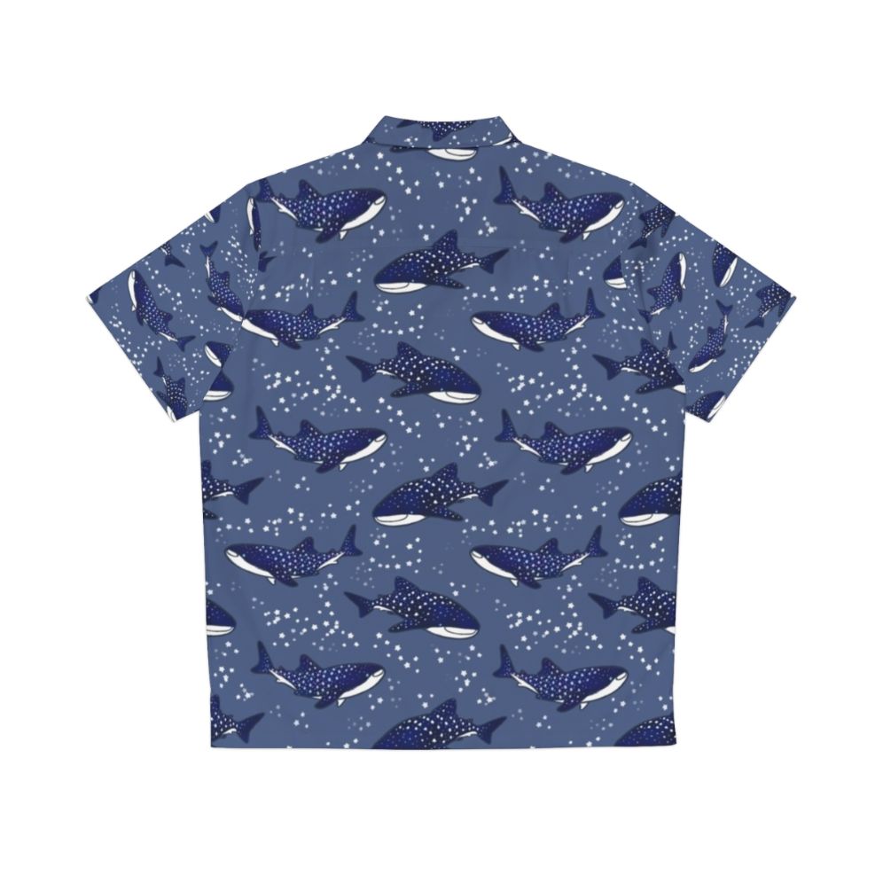 Dark blue Hawaiian shirt with cartoon whale sharks and starry night sky - Back