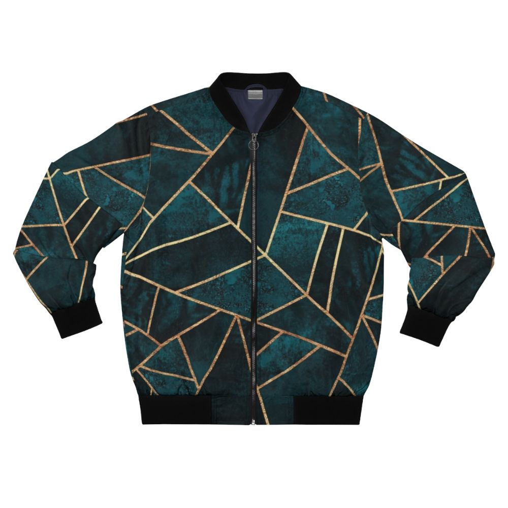 Geometric dark teal bomber jacket with abstract pattern