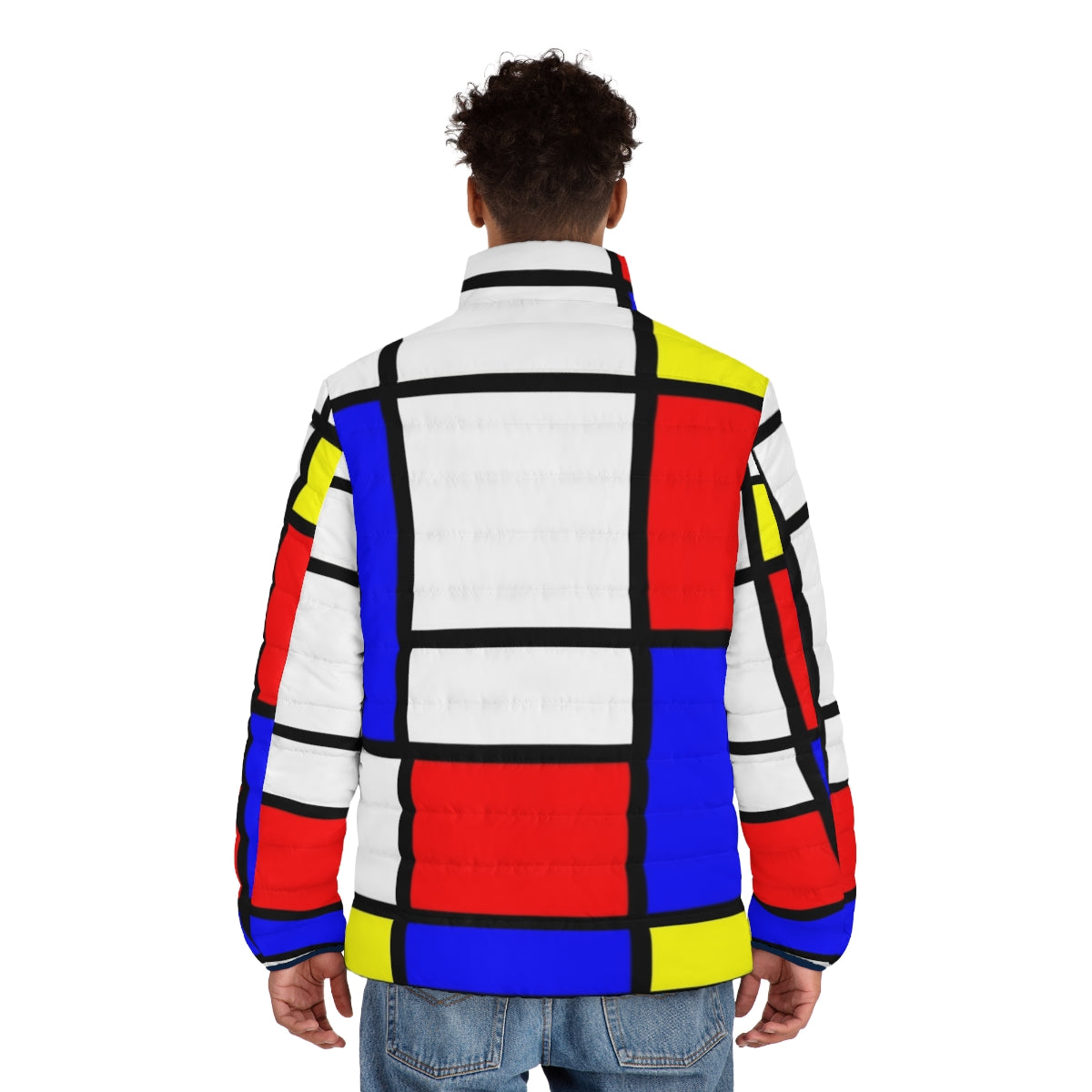 Vibrant, geometric Mondrian-style puffer jacket in primary colors - men back