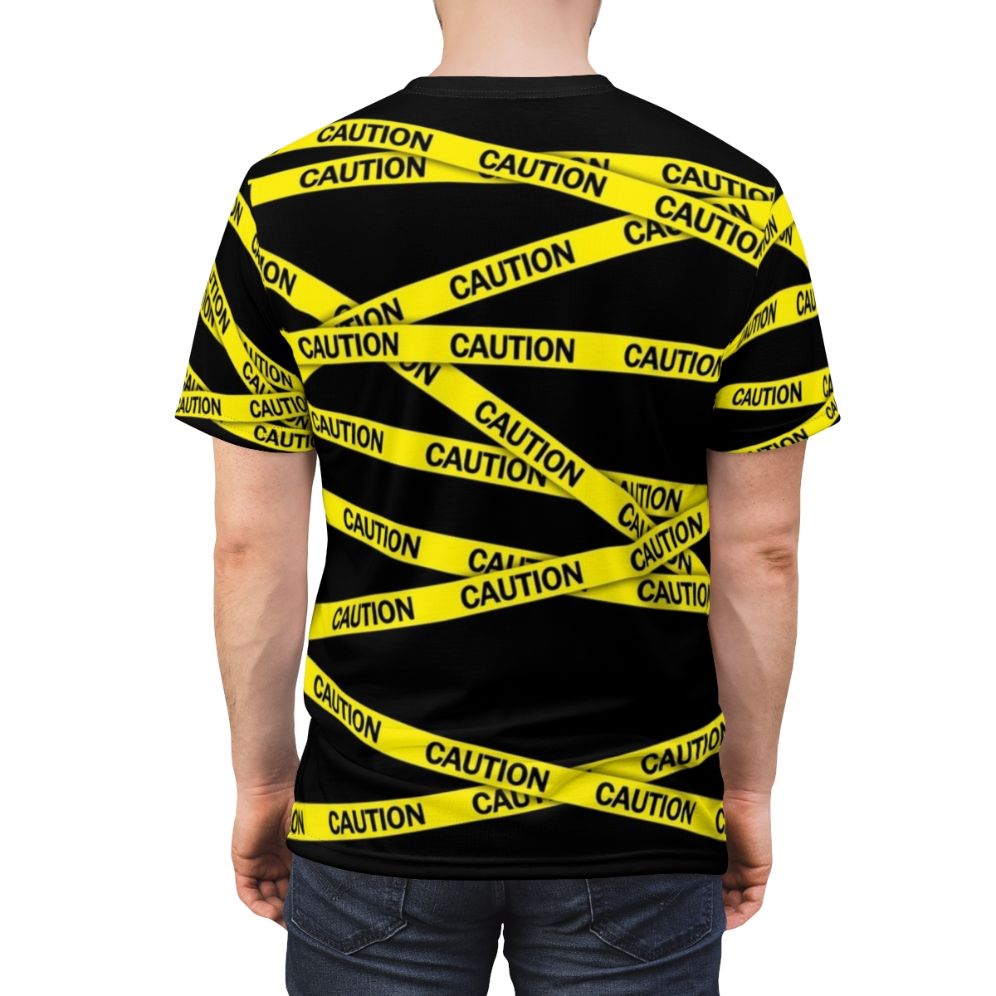 Bright yellow t-shirt with caution tape inspired design, warning and attention graphic - men back