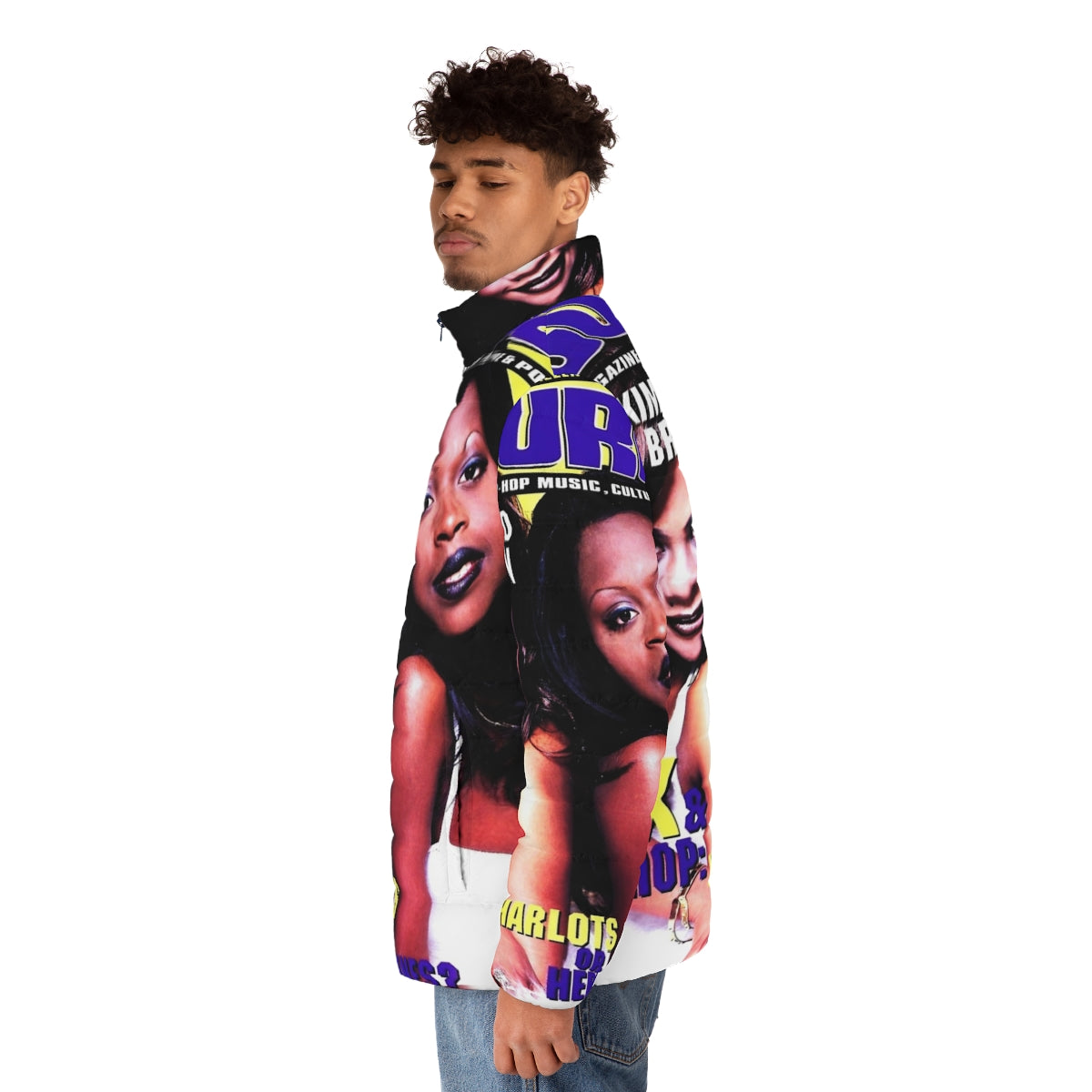 90s puffer jacket featuring black and white illustrations of hip hop and rap music artists - men side left