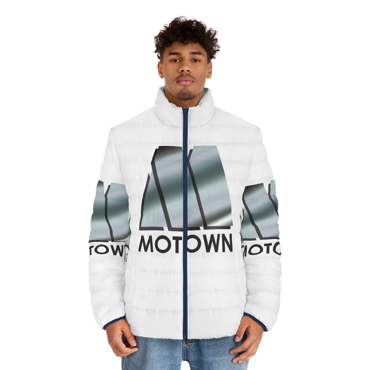 Motown retro 80s puffer jacket with classic music label design - men front