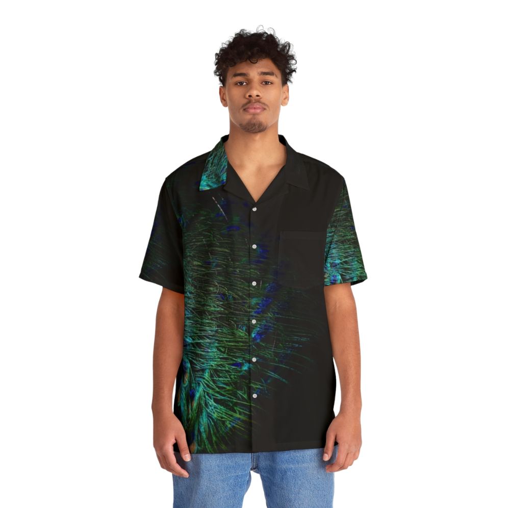 Peacock feathers in a modern, abstract design on a black background Hawaiian shirt - People Front