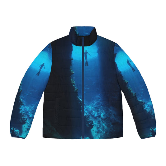 Free vintage puffer jacket in a surreal collage art design featuring space, nature, and the milky way.