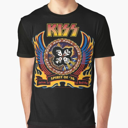 KISS 70s Graphic T-Shirt with Spirit of '76 Design Featuring Flames, Wings, and Band Members