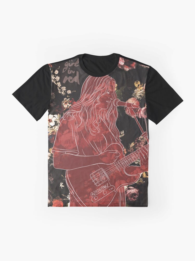 Indie rock-inspired graphic t-shirt featuring a girl in red design with roses - Flat lay