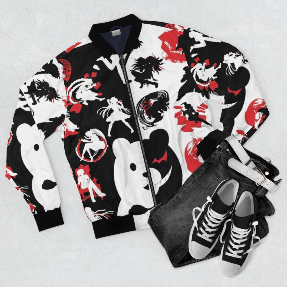 Monokuma despair-inspired bomber jacket with Danganronpa design elements - Flat lay