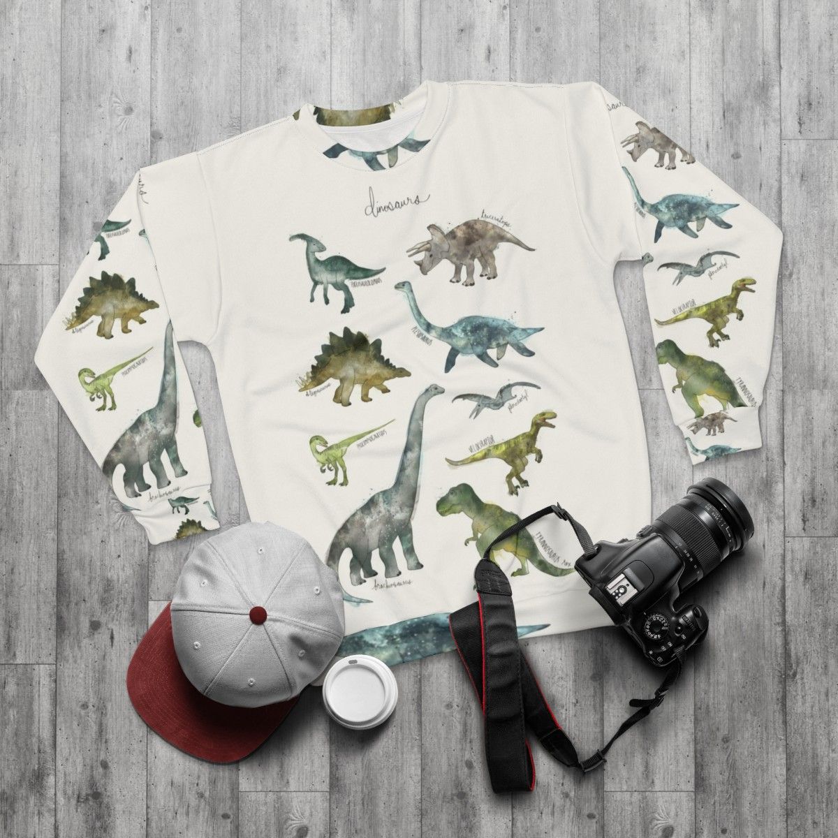 Dinosaur Sweatshirt with Prehistoric Illustrations - flat lay