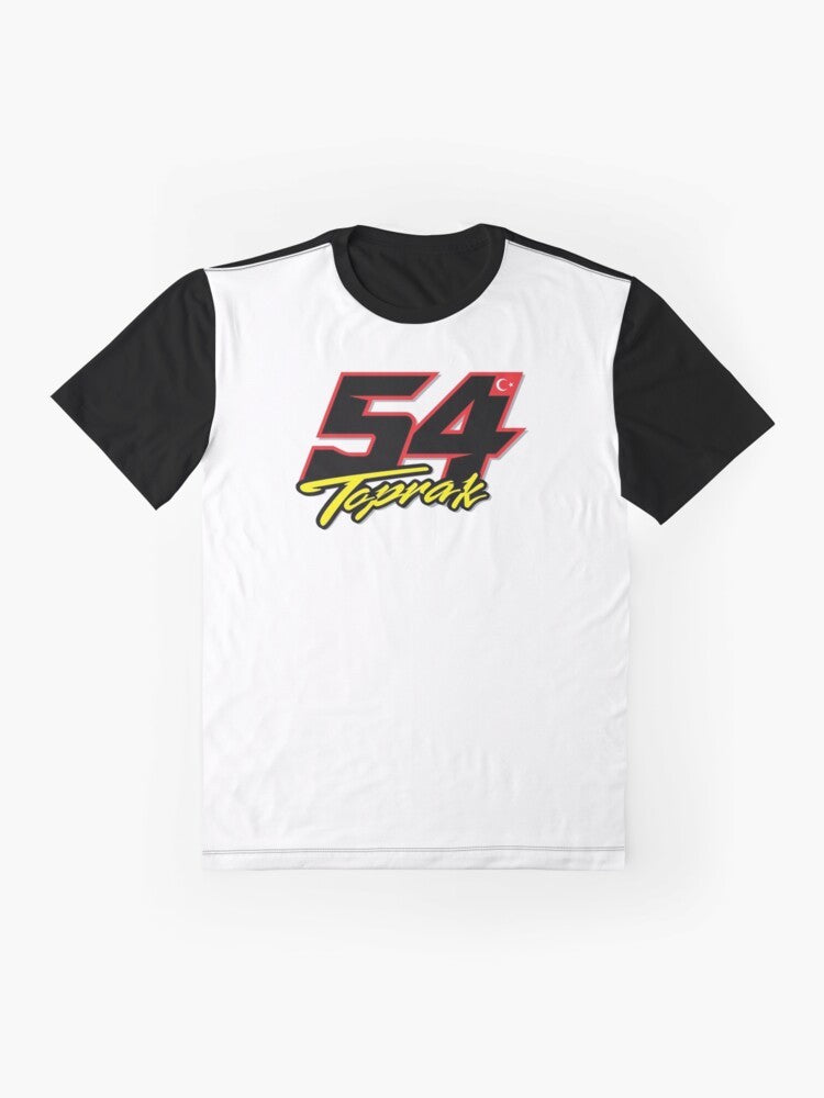 Toprak Razgatlioglu 54 Graphic T-Shirt featuring the Turkish motorcycle racer's number and branding - Flat lay