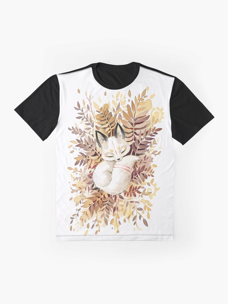 Slumber Graphic T-Shirt featuring a cute, sleeping fox design in the forest - Flat lay