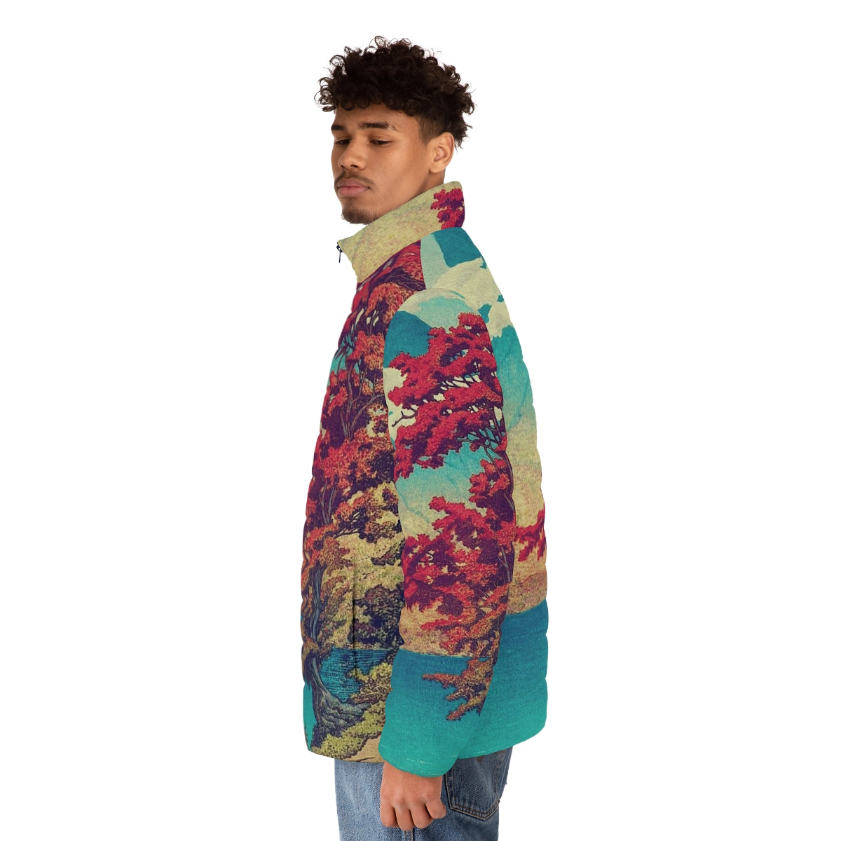 Ukiyo-e inspired puffer jacket featuring a nature landscape design - men side left