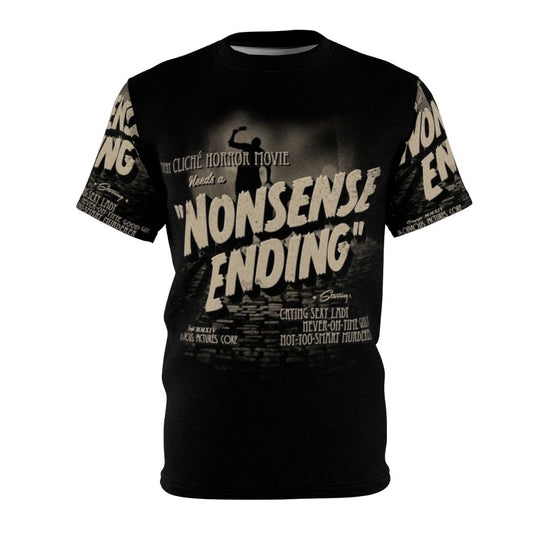 A vintage-style t-shirt with a black and white graphic depicting a humorous, cliche movie ending scene