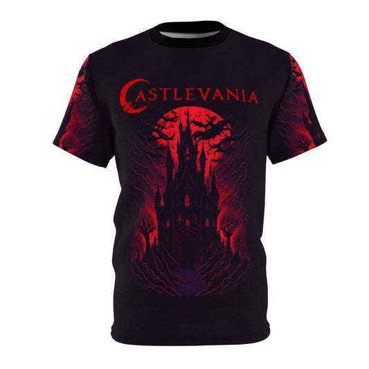 Castlevania inspired all-over print t-shirt featuring fan art of the Belmont clan and Alucard