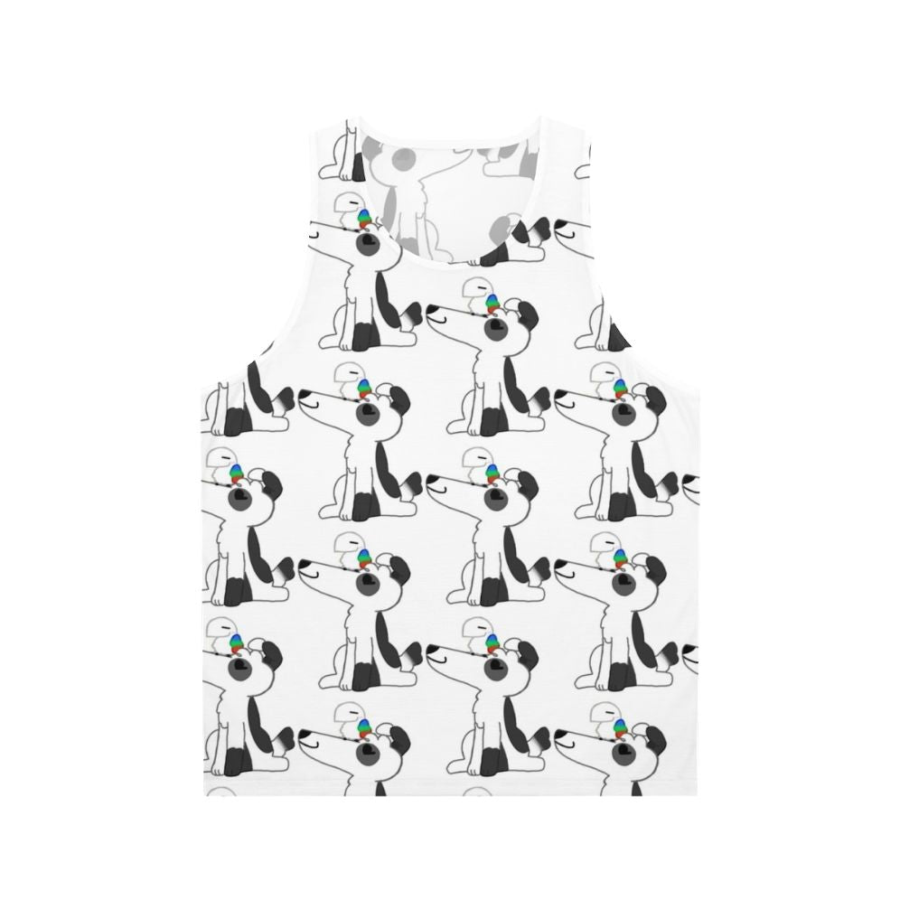 Unisex tank top with dog and bird graphic