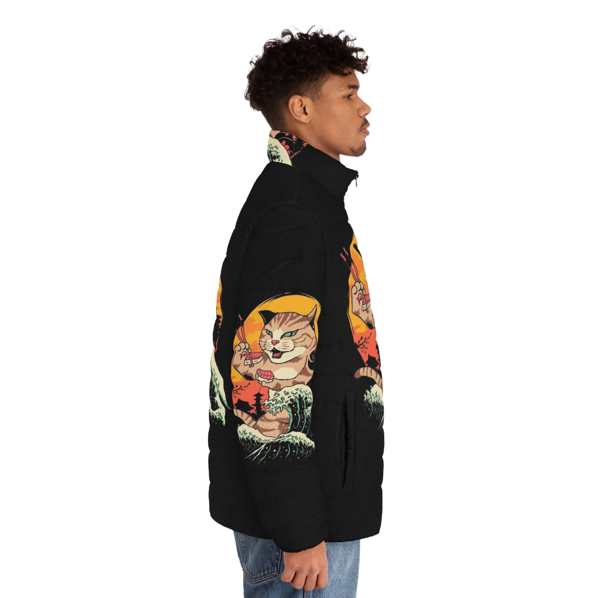 A puffer jacket featuring a cat and sushi design inspired by Hokusai's The Great Wave - men side right