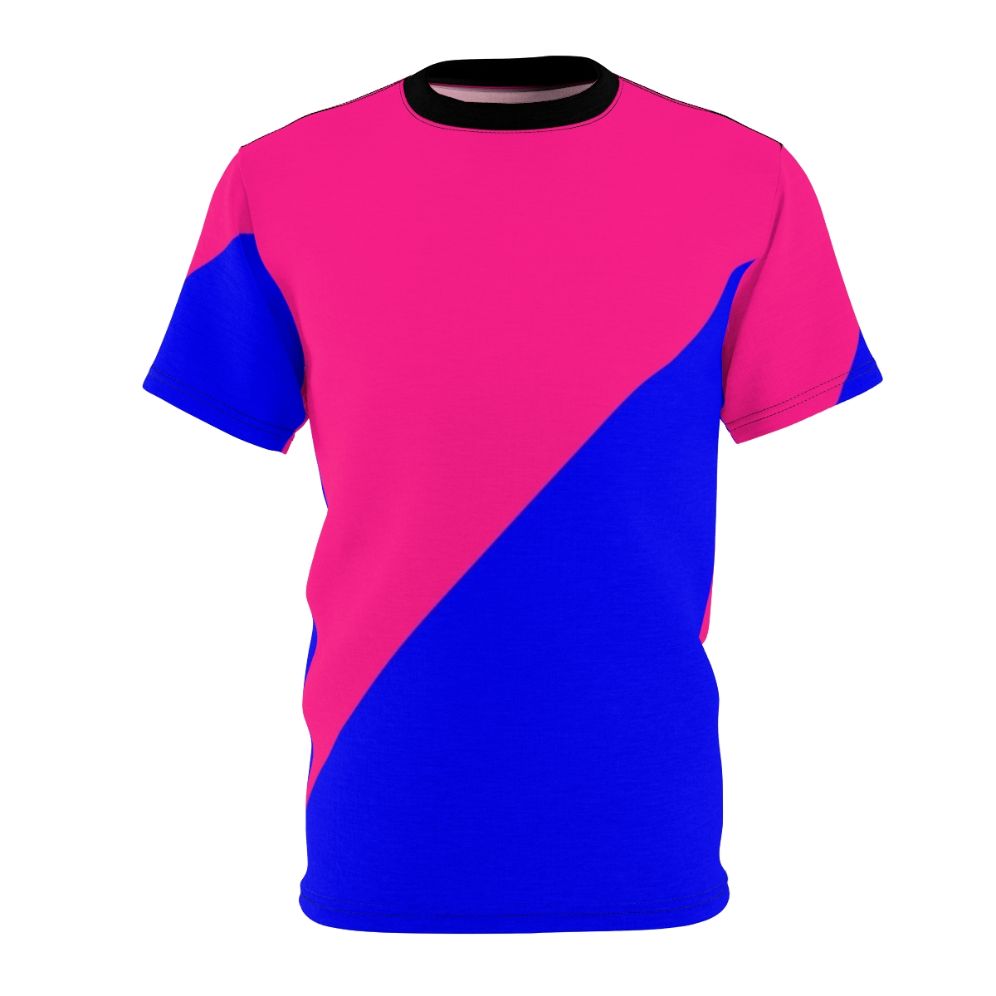 Vibrant pink and blue half and half graphic t-shirt with a trendy, abstract design.