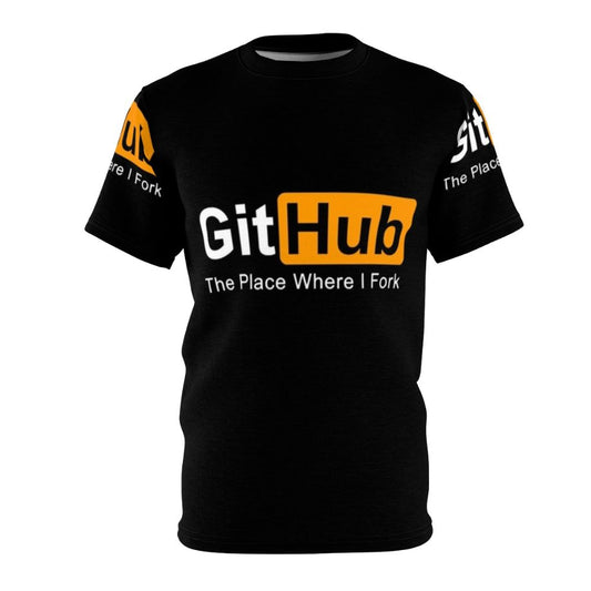 Graphic t-shirt featuring the GitHub logo and a "Where I Fork" message for programmers and software developers.