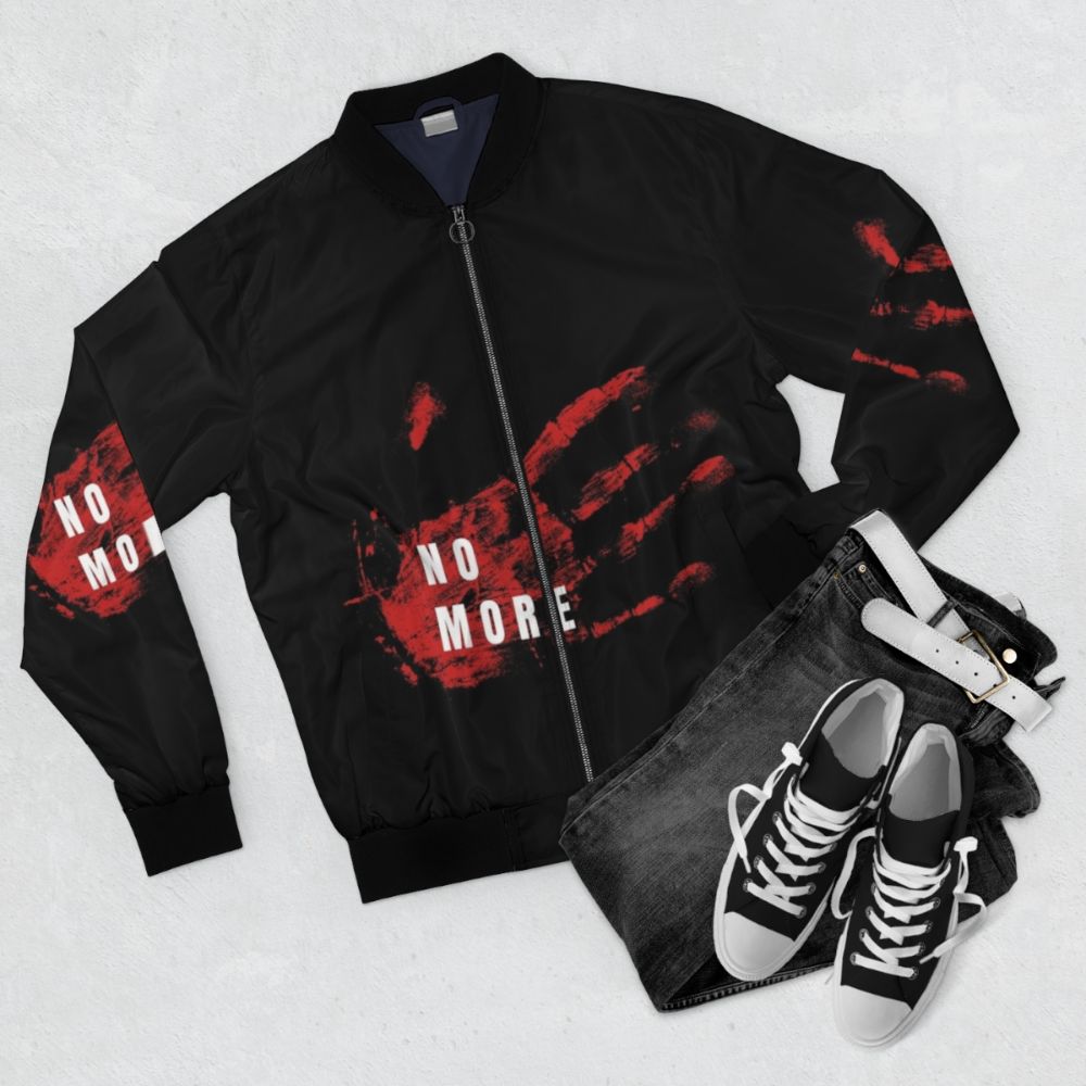 MMIW Missing Murdered Indigenous Women Bomber Jacket with red hand symbol and tribal design - Flat lay