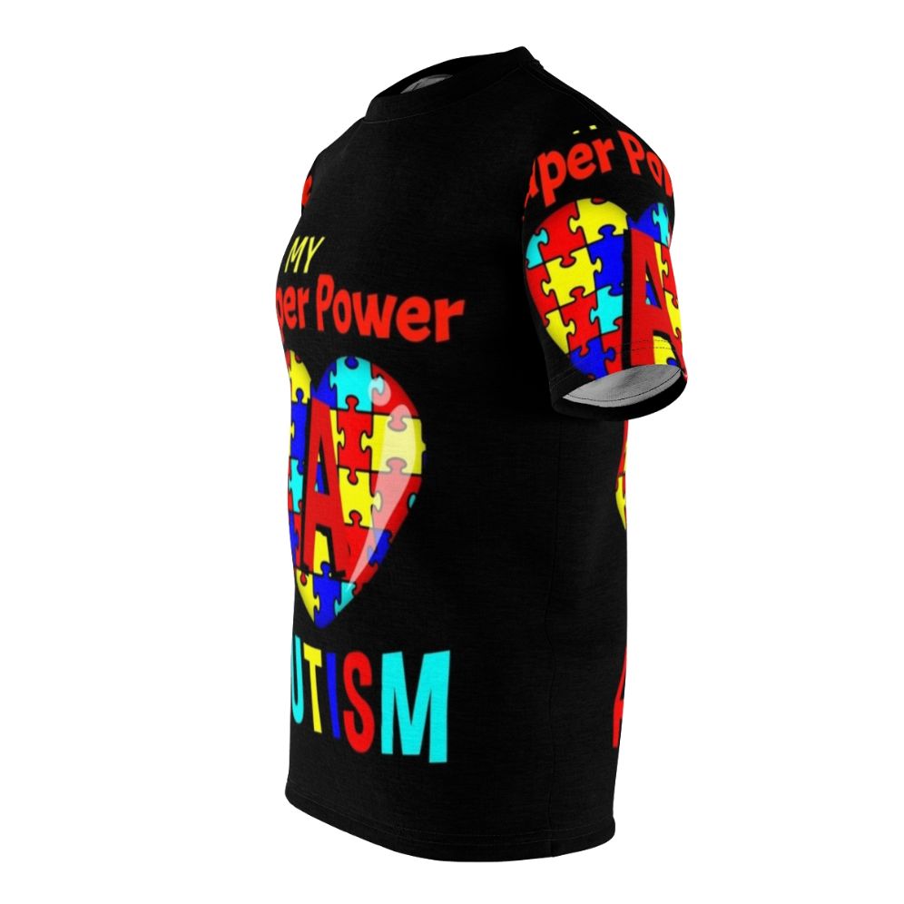 Autism superpower awareness t-shirt with puzzle pieces and heart design - men left