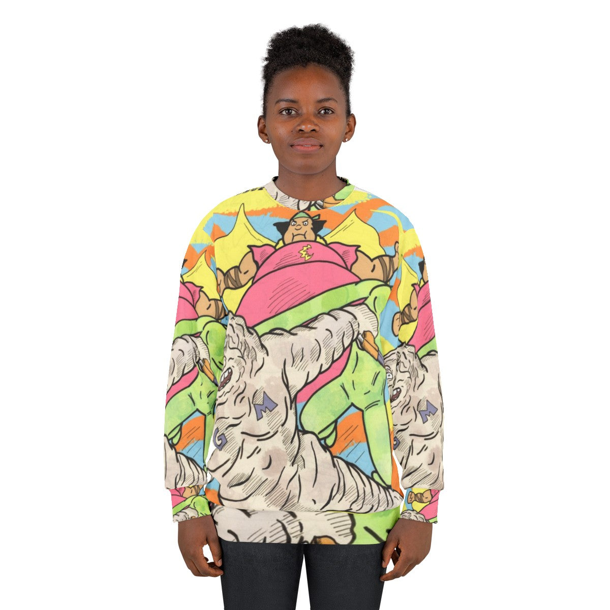 Cute Cloudman, Glueman, and Moon Alien superhero characters on a pastel sweatshirt - women