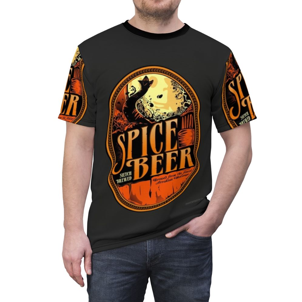 Dune-inspired t-shirt featuring a stylized Spice Beer label design with science fiction elements. - men front