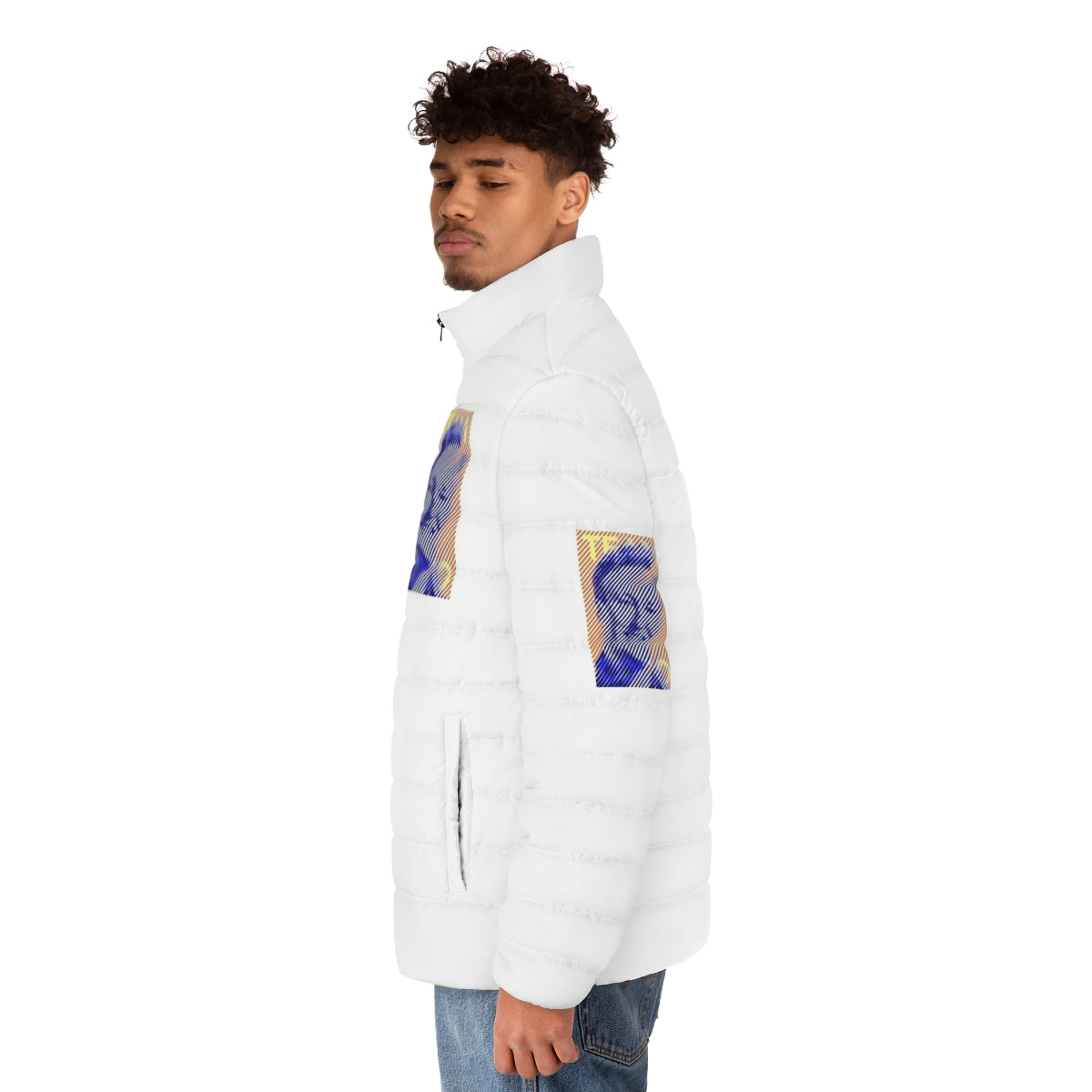 Team Coco Blue Orange Puffer Jacket with Conan Obrien's portrait and line art design - men side left